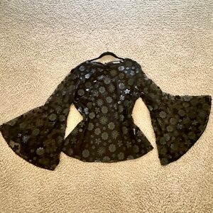 Sheer Mesh Long Bell Sleeve Top